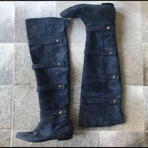 Fendi Tall Flat Blue Suede Boots With Strap & Gold Stud Embellishments Size 37.5